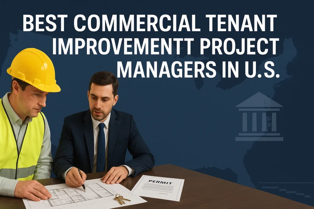 Project team reviews a floor plan and permit for a U.S. tenant build-out.