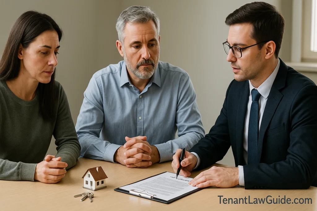 Landlord and tenant reviewing legal documents about rental law in the U.S.