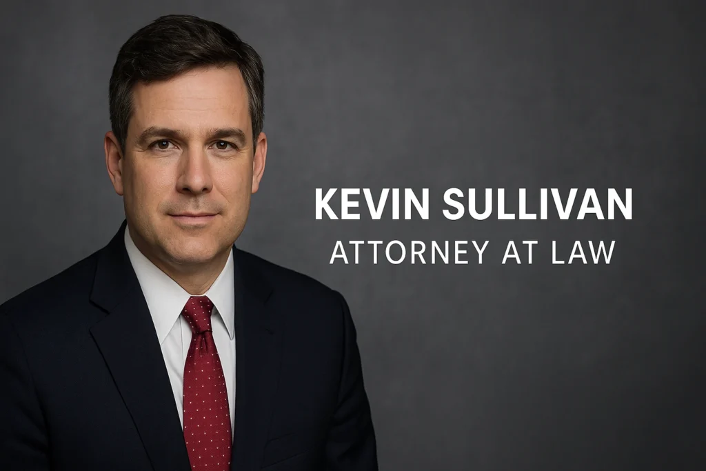 Professional headshot of Kevin Sullivan attorney at law with modern text overlay.