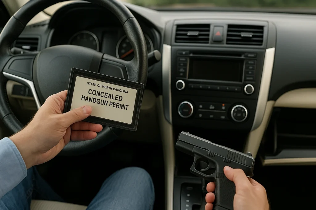 Close-up view of a person sitting in a car holding a North Carolina concealed handgun permit in one hand and a semi-automatic handgun in the other. The dashboard and steering wheel are clearly visible, representing lawful concealed carry inside a vehicle.