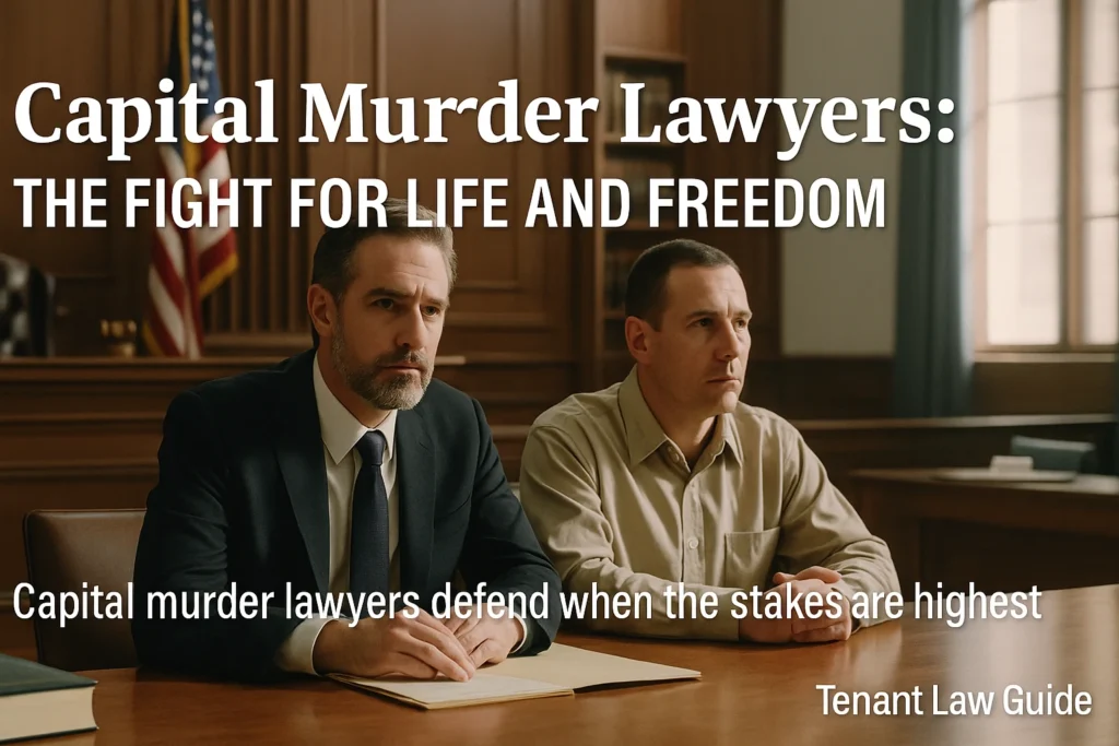 Defense lawyer and client in courtroom during capital murder trial.