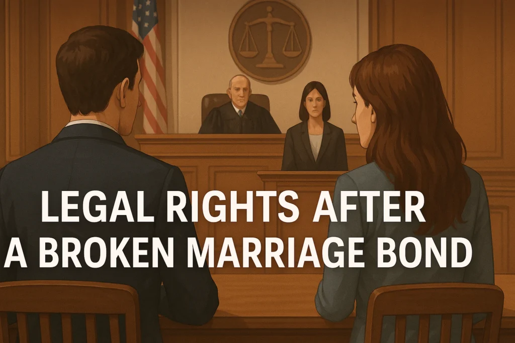 Courtroom image with couple facing legal battle over alienation of affection