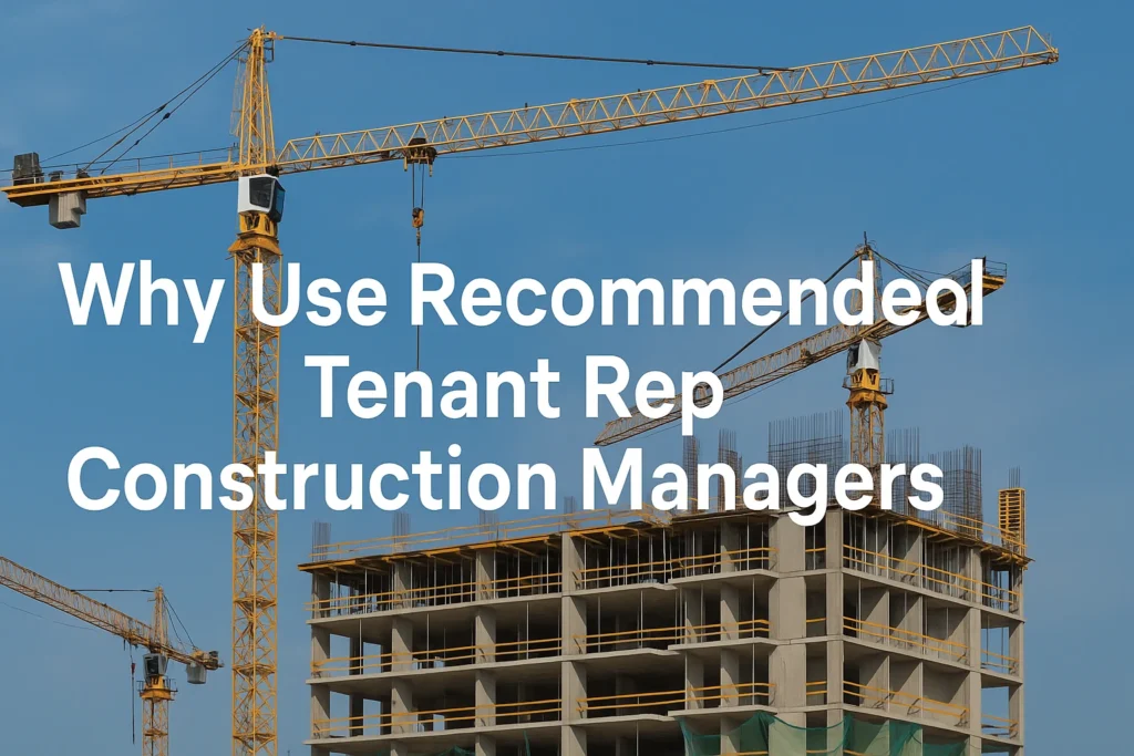 Construction site with cranes and large bold text reading Why Use Recommended Tenant Rep Construction Managers