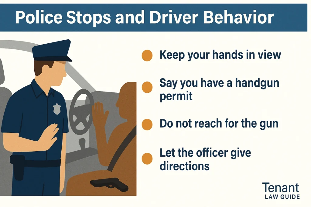 Educational infographic showing a police officer outside a car and a driver inside with raised hands. Tips include: keep hands visible, say you have a handgun permit, do not reach for the gun, and let the officer give directions. Branded with “Tenant Law Guide.
