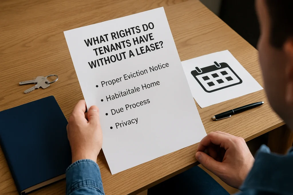 Renter checks tenant rights guide at home desk