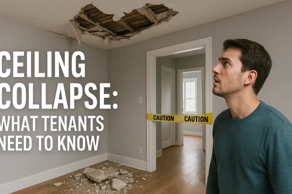 Broken ceiling in apartment unit with fallen plaster and visible damage