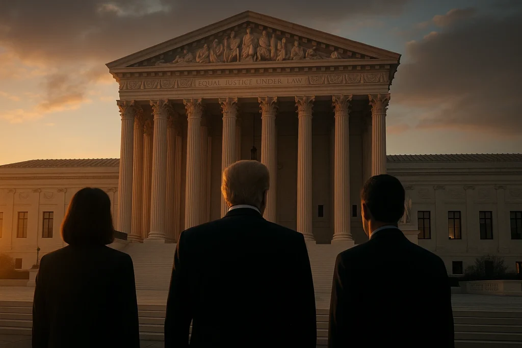 U.S. Supreme Court building with Trump’s lawyers waiting outside