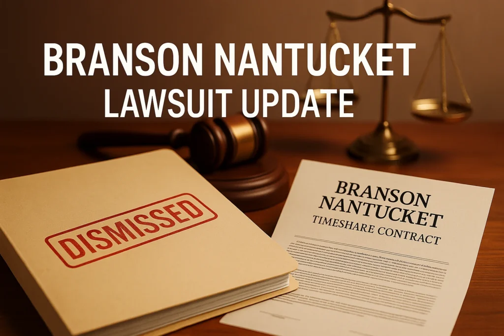 Courtroom file with dismissed stamp and Branson Nantucket contract.