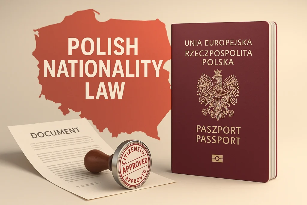 Polish passport with map and legal document, symbolizing nationality law.