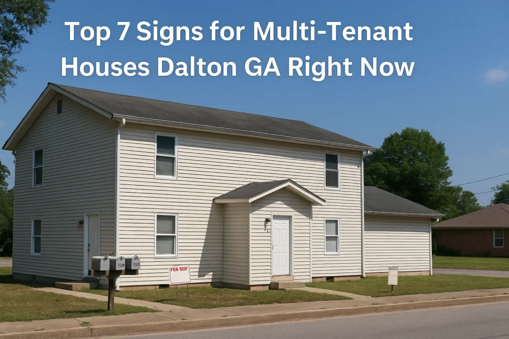 Multi-tenant house in Dalton GA with multiple mailboxes and faded signage.