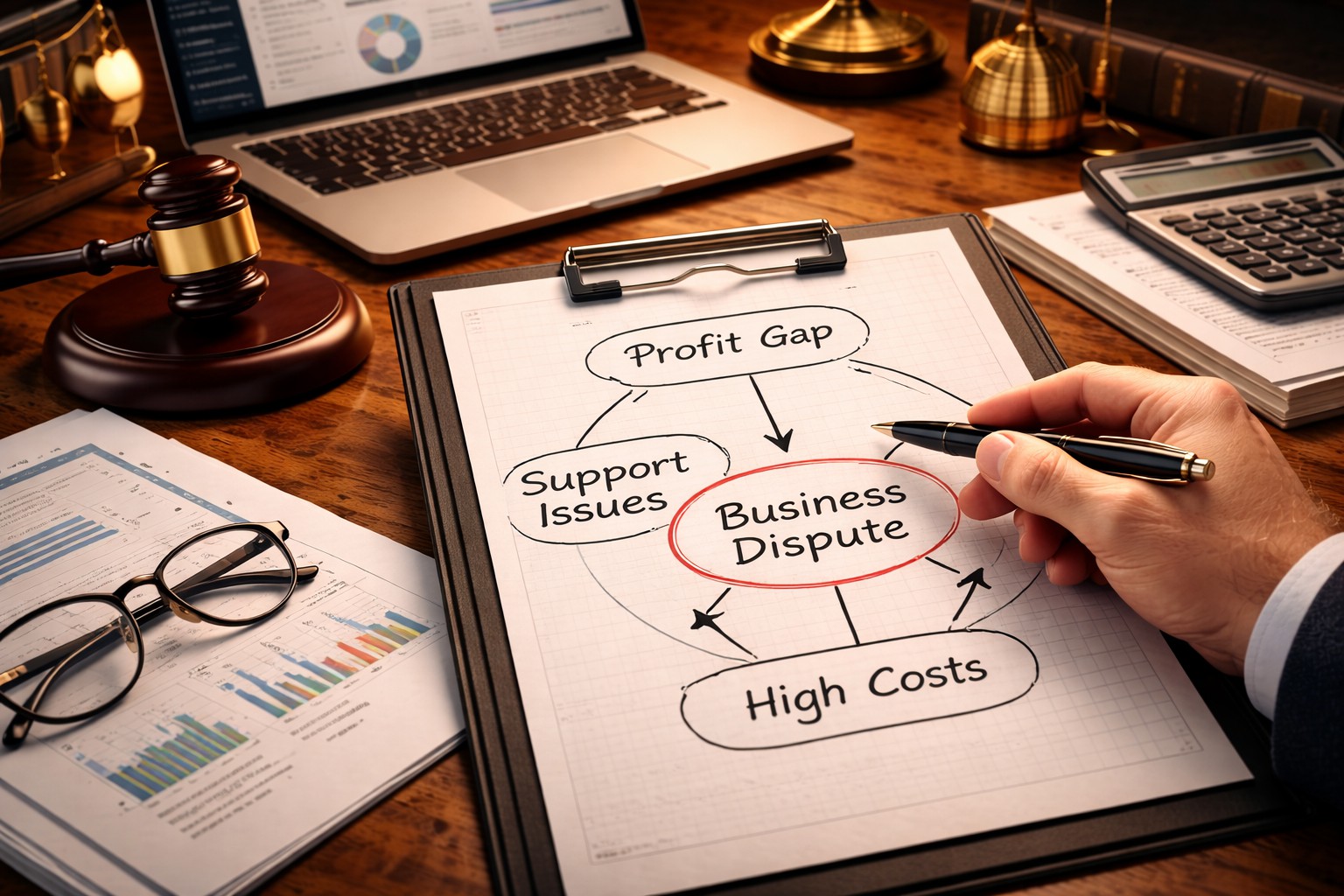 business dispute analysis with legal documents laptop and financial charts on desk