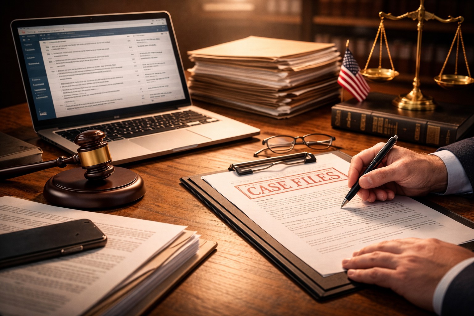 legal documents and case files review with laptop and law tools on desk